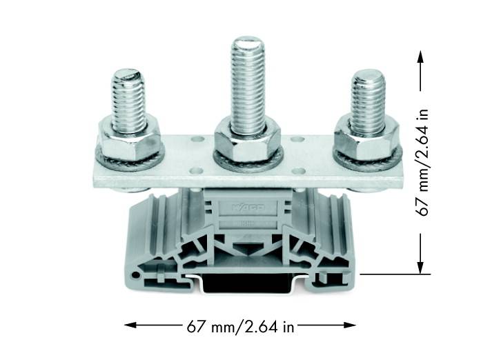 Dreifach-Schraubklemmenblock mit Abmessung: 67 mm (2,64 Zoll) in Breite und Höhe. Metallplatte mit drei Schrauben befestigt.