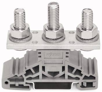 Klemmverbinder mit drei Bolzen oben, montiert auf einer grauen Kunststoffhalterung.