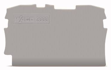 Graue Kunststoffabdeckung mit der Aufschrift 'WAGO 2000', verwendet als End- oder Zwischenplatte in elektrischen Verbindungen.