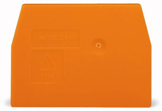 Eine orange Kunststoffabdeckung mit einem kleinen runden Mittelstück. Sie trägt das Symbol für Recycling und hat die Beschriftung 'PA66'.
