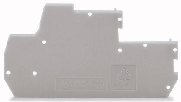 Graues Kunststoffteil mit ausgestanzten Löchern und dem Aufdruck 'WAGO 870'. Recycling-Symbol unten rechts.