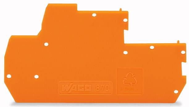 Oranges Kunststoffteil mit mehreren kleinen Löchern, das Logo 'WAGO 870' und ein Recycling-Symbol zeigt.
