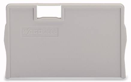 Graue Abdeckplatte mit Aufschrift 'WAGO 2006', rechteckige Form, verwendet zur Isolierung oder Abdeckung von Anschlüssen.