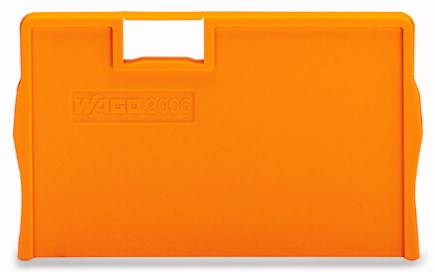Orangefarbene Abdeckplatte mit der Aufschrift 'WAGO 2006', vermutlich ein Teil für elektrische oder mechanische Anwendungen.