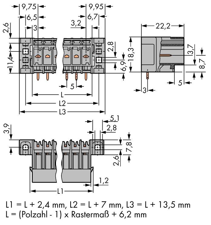WAGO Buchsengehäuse-Platine 769 Polzahl Gesamt 7 Rastermaß: 5mm 769-667/003-000 25St.