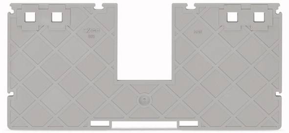 Graue Kunststoffplatte mit rautenförmigem Muster und quadratischen Ausschnitten an den oberen Ecken.