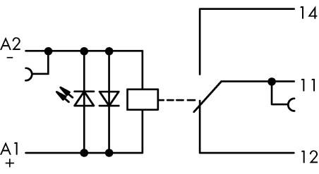 Elektrisches Schaltplan-Symbol: Serie von Bauelementen mit Dioden, Schalter und Verbindungen. Anschlüsse: A1, A2, 11, 12, 14.