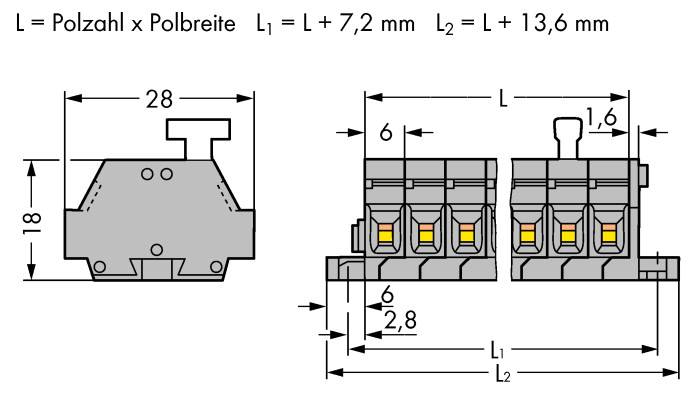 Technische Zeichnung eines elektrischen Steckverbinders. Maße: Höhe 18 mm, Breite 28 mm. Weitere Maße und Beschriftungen sind angegeben.