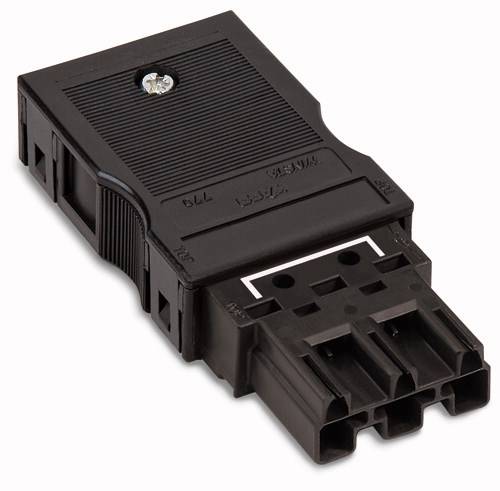 Ein schwarzer elektrischer Steckverbinder mit mehreren Anschlussbuchsen und einer Schraube zur Befestigung.