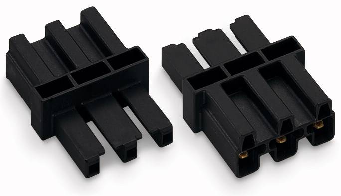 Zwei schwarze Kunststoffstecker, die nebeneinander auf einer hellen Oberfläche liegen, jeweils mit mehreren Verbindungspins.