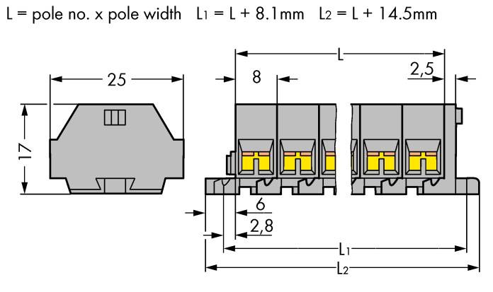 WAGO 260-205 Klemmenleiste 8mm Zugfeder Belegung: L Grau 50St.