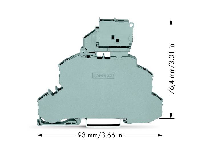 Abgebildet ist eine DIN-Schienenklemme, Maßangaben: Breite 93 mm (3,66 Zoll), Höhe 76,4 mm (3,01 Zoll).