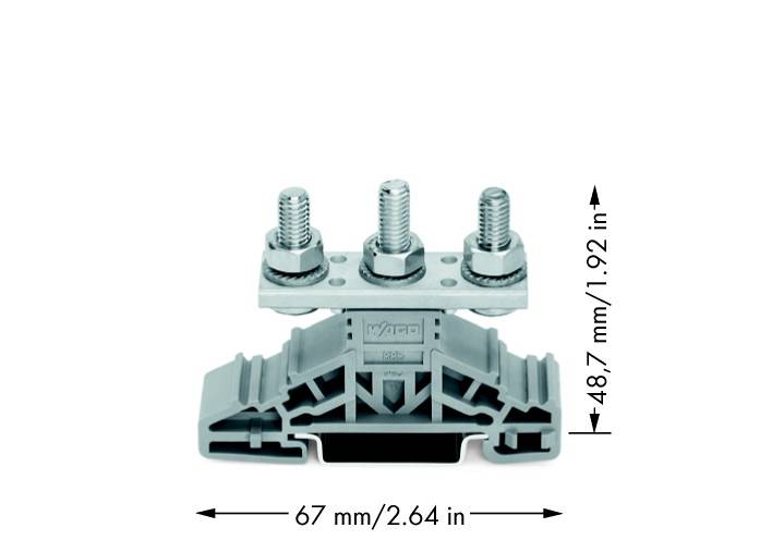 Lüsterklemme mit drei Schrauben und Abmessungen: Breite 67 mm (2,64 Zoll), Höhe 48,7 mm (1,92 Zoll).