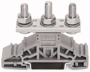 Ein mehrpoliger Klemmenblock aus Metall und Kunststoff mit drei Bolzen und Muttern, verwendet zur Sicherung elektrischer Leitungen.