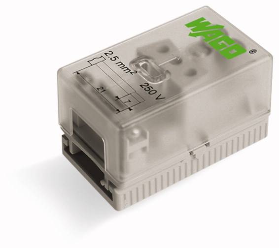 Transparente elektrische Klemme der Marke Wago, geeignet für 2,5 mm² Kabel bei 250 V.