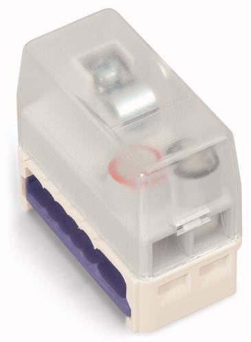 Ein rechteckiger transparenter Steckerverbinder mit violetten Anschlüssen, geeignet für Kabelverbindungen in elektrischen Installationen.