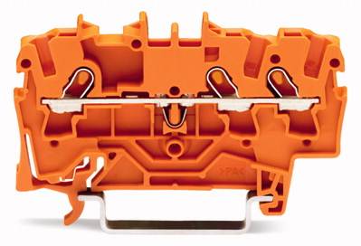 Orange Klemmenadapter vor weißem Hintergrund, zeigt die detaillierte Struktur und Kontaktelemente, verwendet in elektrischen Schaltschränken.