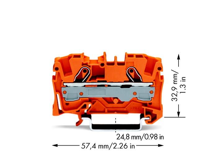 Ein orangefarbener elektrischer Steckverbinder mit Abmessungen: Breite 57,4 mm, Tiefe 24,8 mm, Höhe 32,9 mm, mit metallischem Klemmenbereich.