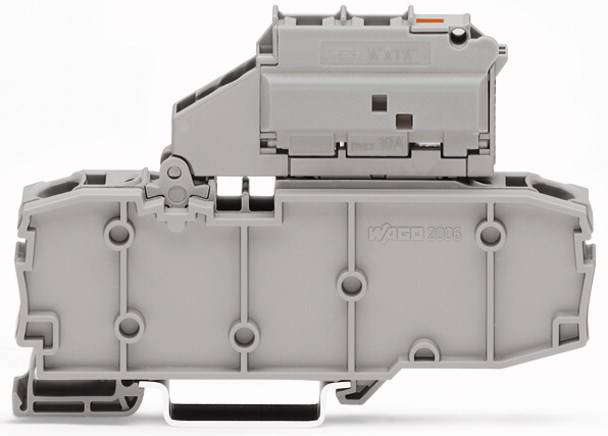 Ein grauer, modularer elektronischer Steckverbinder, seitliche Ansicht. Markiert mit 'WAGO 2006'.