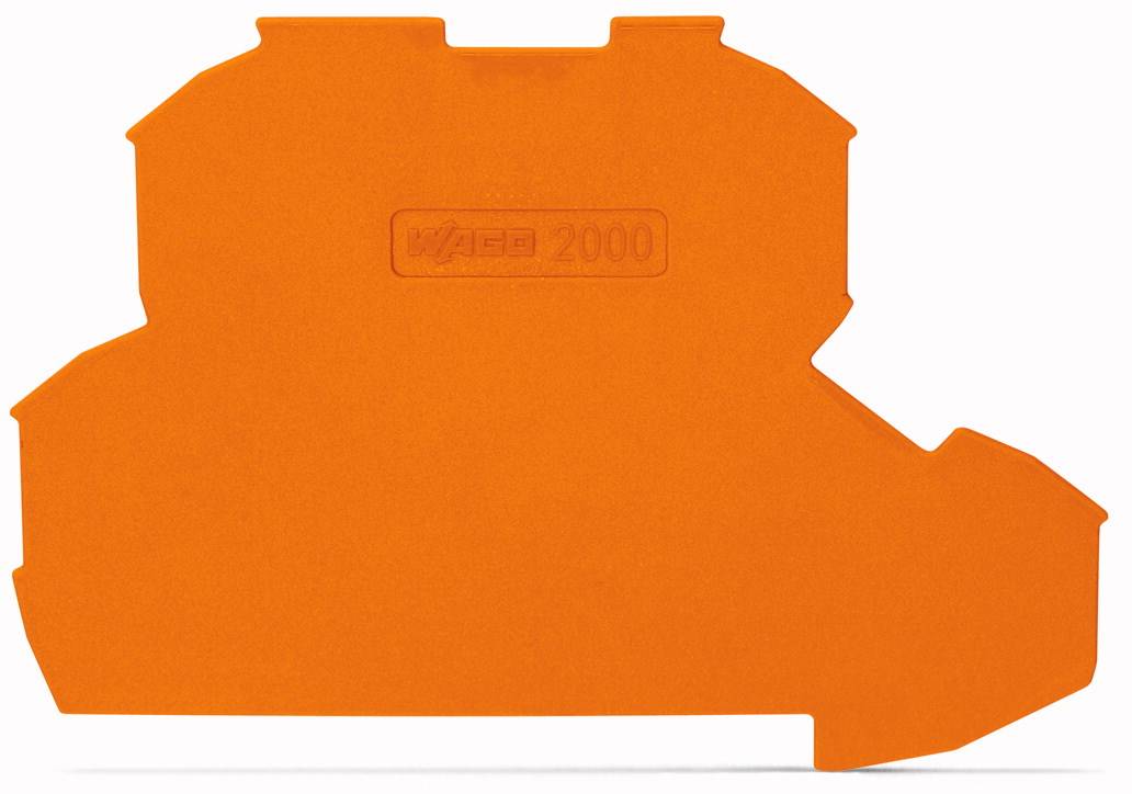 Ein orangefarbenes Kunststoffstück mit der Prägung 'WAGO 2000', wahrscheinlich ein Montageteil oder Element für elektrische Installationssysteme.