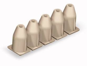 Fünf becherförmige, beige Plastikkappen in einer Reihe, möglicherweise Abdeckungen für technisches Equipment oder Anschlüsse.