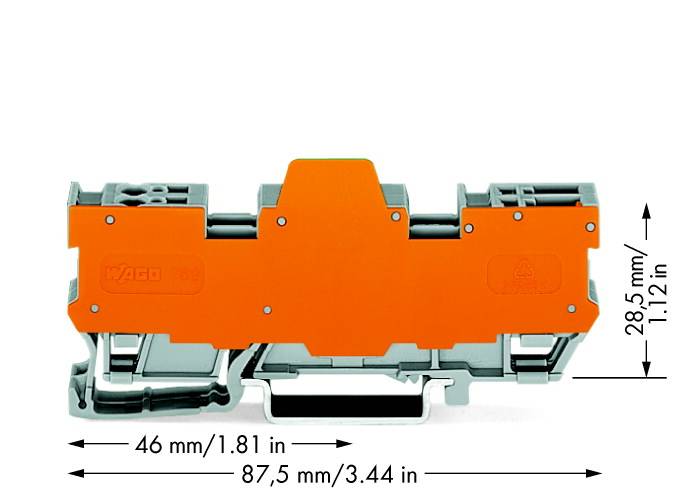 Oranger Reihenklemmenblock mit elektrischen Anschlüssen, 46 mm x 28,5 mm x 87,5 mm, auf einer DIN-Schiene montiert.