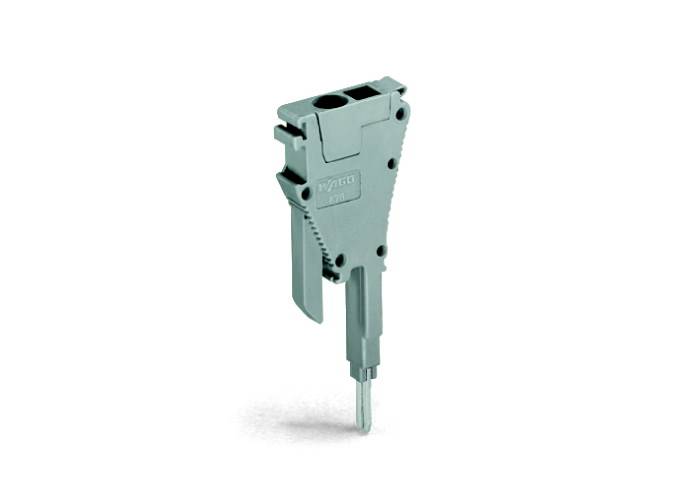 Kleiner, grauer elektronischer Steckverbinder mit Hebelmechanismus, für Leiterplattenmontage in elektrischen Geräten.