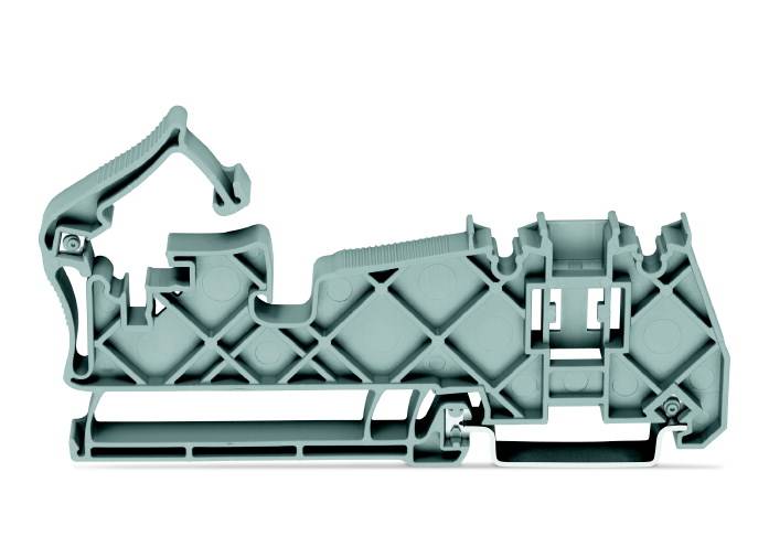 Ein graues Kunststoffbauteil mit komplexer Struktur und Verbindungsstellen, wahrscheinlich Teil eines technischen oder industriellen Systems.