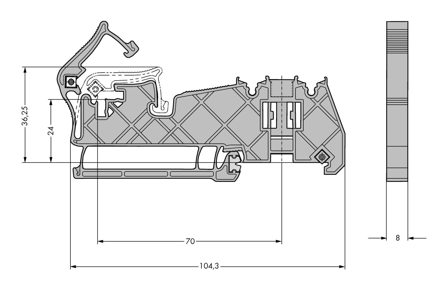 Querschnitt eines Fensterprofils mit markierter Breite von 104,3 mm und Höhe von 36,25 mm. Detaillierte Ansicht von Materialschichten und Struktur.