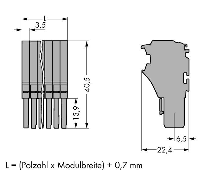 Technische Zeichnung eines Steckverbinders mit Maßen. Höhe 40,5 mm, Breite 13,9 mm, Tiefe 6,5 mm. Steckkraftberechnung unten.