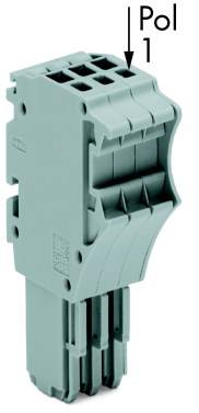 Grauer Elektronikstecker, vertikal ausgerichtet, mit der Markierung 'Pol 1' oben. Hauptsächlich für elektrische Verbindungen.