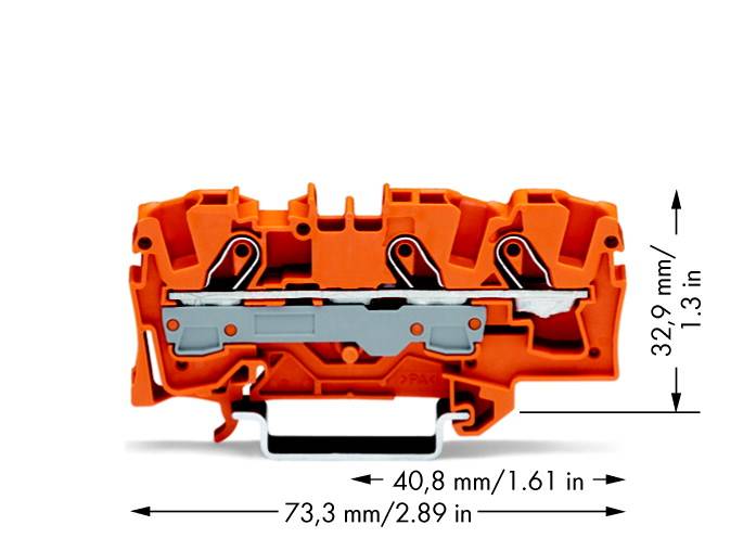 Querschnitt eines orangefarbenen elektrischen Steckverbinders, Maße: 40,8 mm x 32,9 mm x 73,3 mm, Metallkontakte sichtbar.