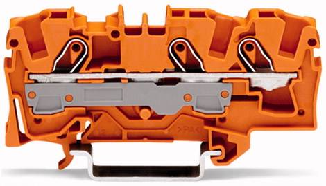 Oranges, rechteckiges, elektrisches Klemmenblock-Modul mit Metallverbindungen und Verriegelungsmechanismen zur Verkabelung.