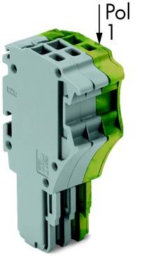 Elektrisches Steckergehäuse in Grau und Grün mit der Aufschrift 'Pol 1' und Pfeil, der auf eine bestimmte Stelle zeigt.