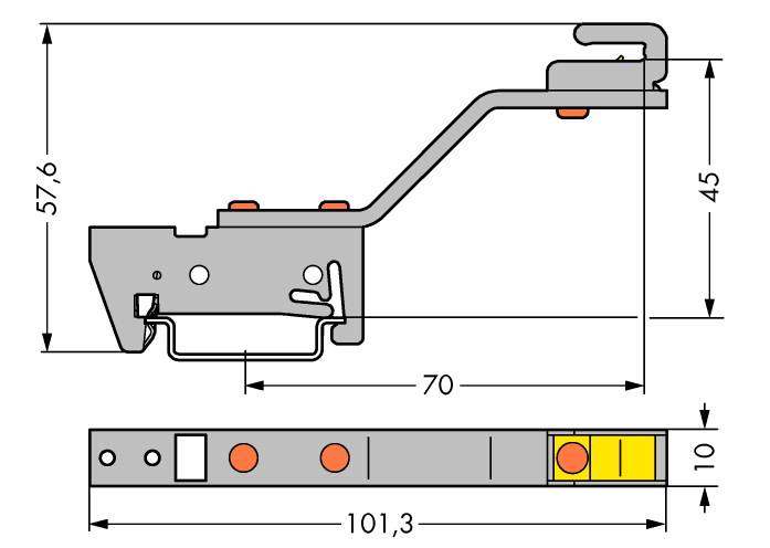 Seitenansicht eines mechanischen Bauteils mit Maßen. Höhe: 57,6 mm; Länge: 101,3 mm. Detailansicht zeigt Hebelmechanismus.