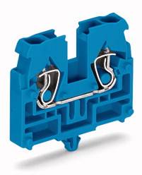 Ein blauer, elektrischer Reihenklemmenblock für die Verdrahtung, mit einem Metallklammeranschluss in der Mitte.