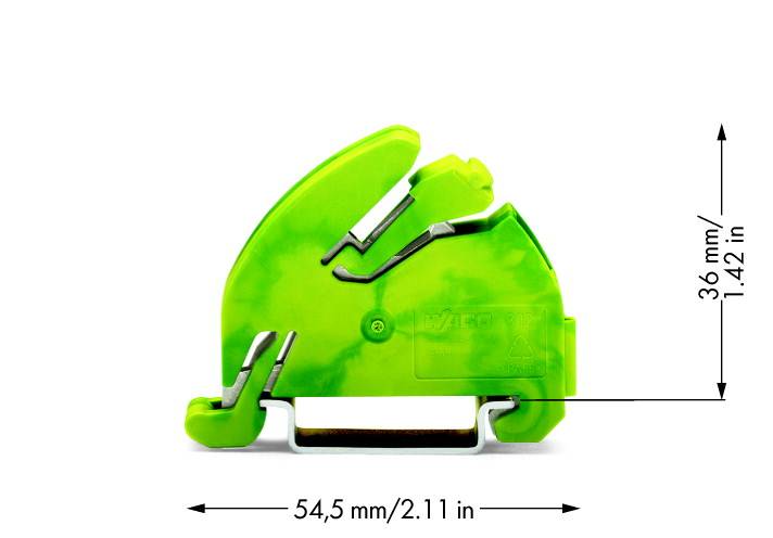 Ein grüner Drahtverbinder mit Abmessungen: 54,5 mm (2,11 Zoll) Breite und 36 mm (1,42 Zoll) Höhe.