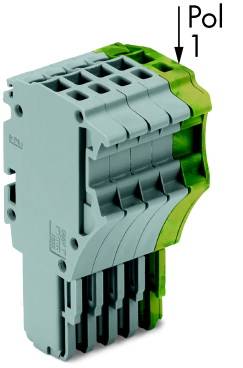 Ein grauer und grüner elektrischer Steckverbinder mit der Aufschrift 'Pol 1'.