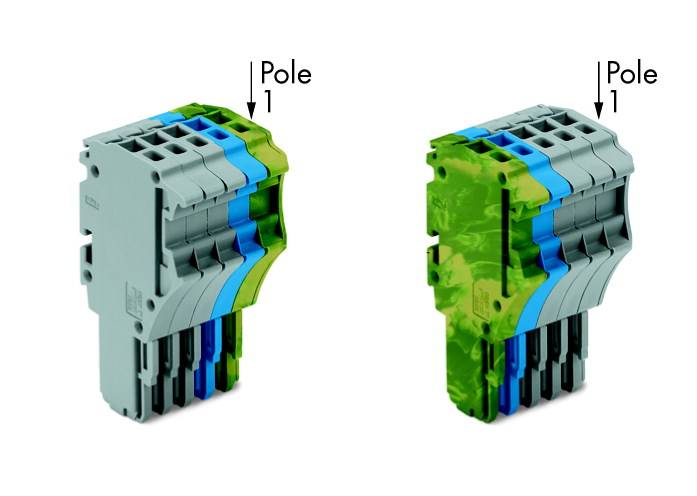Zwei stapelbare elektrische Klemmen mit vier Anschlüssen in unterschiedlichen Farbkombinationen, mit Beschriftung 'Pole 1' nach oben zeigend.