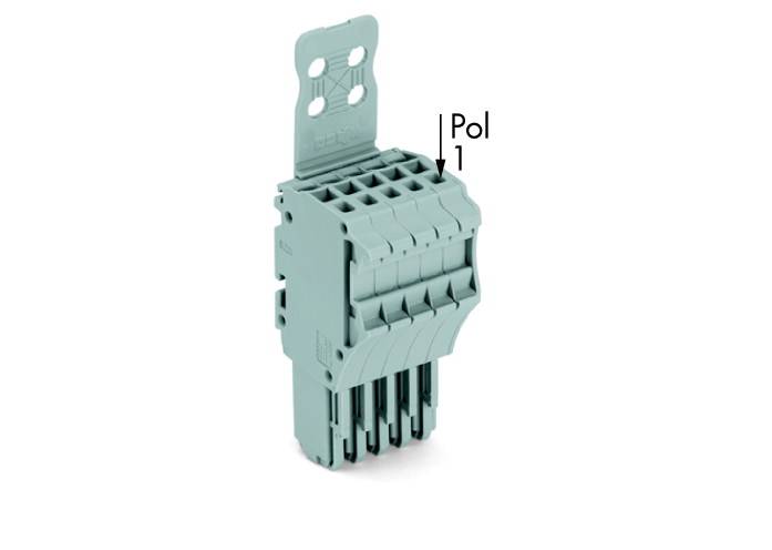Ein graues elektronisches Steckverbinder-Modul mit mehreren Steckplätzen, markiert mit 'Pol 1', zeigt die Anschlussseite.