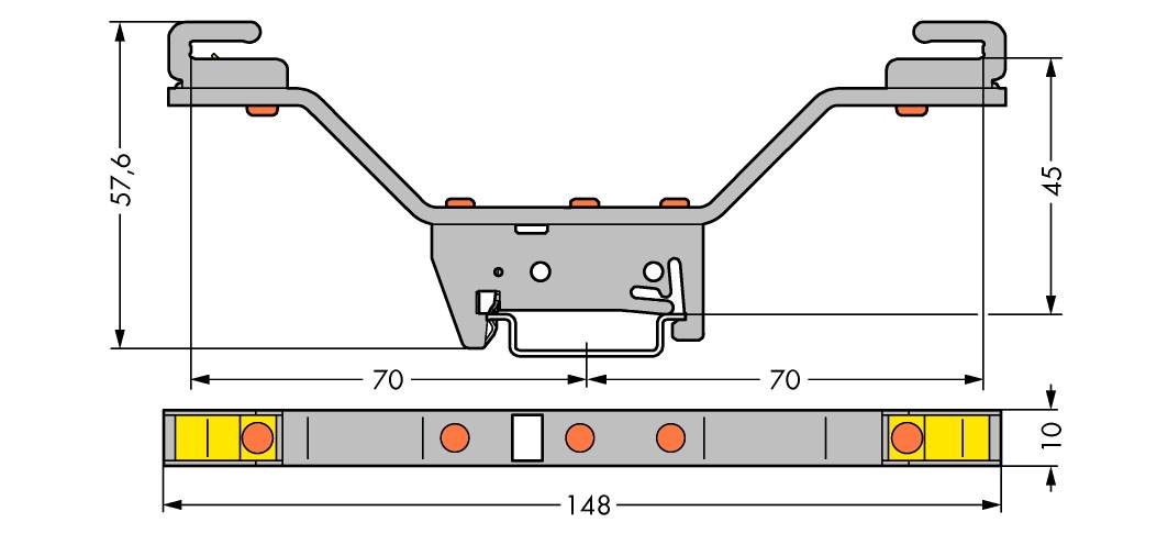 Diagramm eines Bauteils mit Abmessungen: Breite 148, Höhe 57,6. Markierungen und Anschlüsse sind sichtbar.