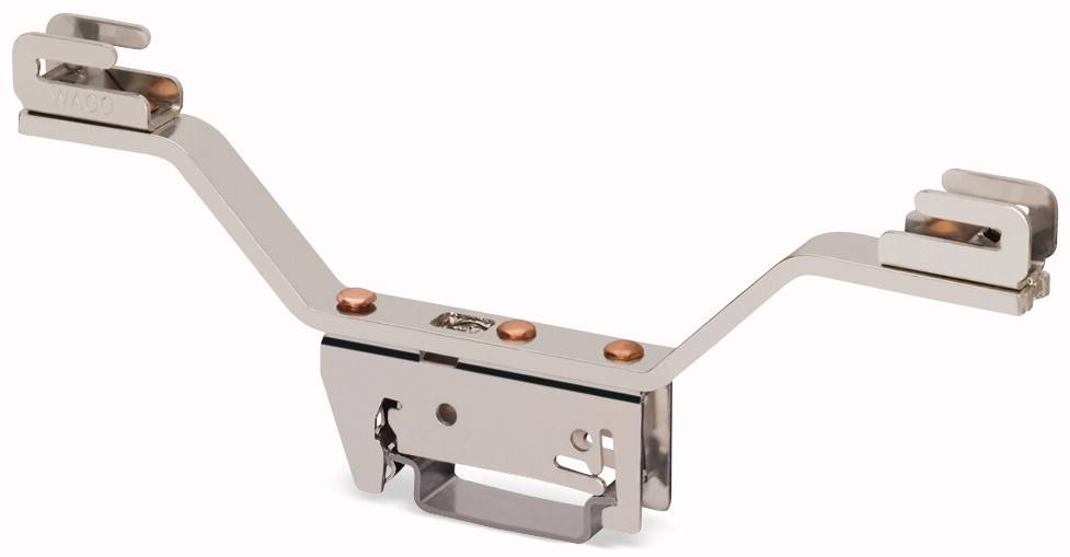 Metallhalterung mit zwei Armen, verwendet zur Befestigung von Komponenten. Vier Kupferschrauben für Stabilität erkennbar.