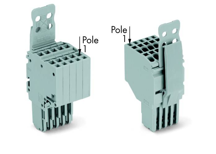 Zwei elektrische Steckverbinder in grauer Farbe, wobei jeder multiple 'Pol'-Slots für Verbindungen zeigt.  Links ist seitlich, rechts von vorne zu sehen.