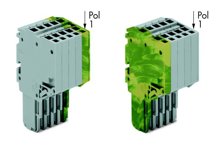 Zwei elektronische Steckverbinder, einer aus grüner und einer aus grauer Komponente, mit der Beschriftung 'Pol 1'.
