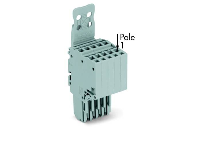 Ein graues elektrisches Steckverbindergehäuse mit mehreren Steckplätzen, beschriftet mit 'Pole'.