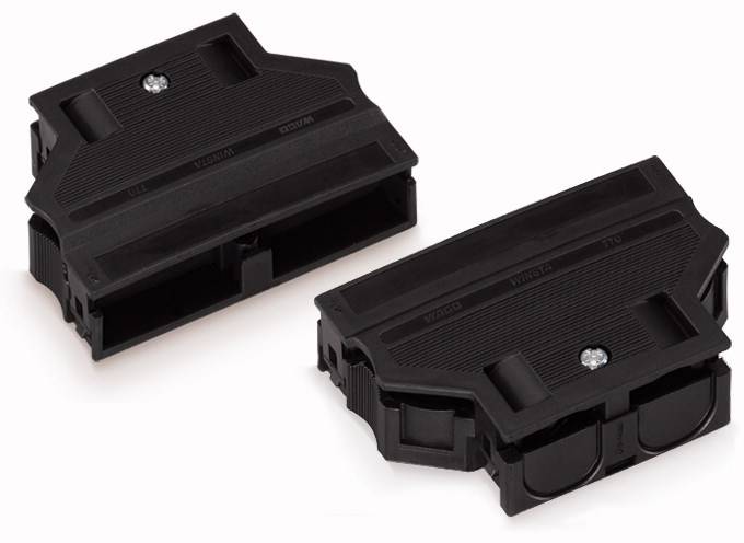 Zwei schwarze mechanische Bauteile mit rechteckiger Form und einem kleinen Schraubenkopf in der Mitte, nebeneinander auf weißem Hintergrund.