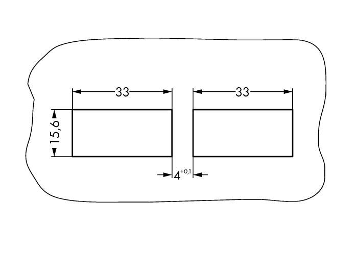 Zwei rechteckige Felder nebeneinander auf einem unregelmäßigen Hintergrund; Maße: 33x15,6 mm, Abstand 4 mm.