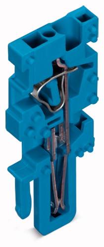 Ein blauer elektrischer Steckverbinder mit inneren Kupferleitungen und Befestigungsmechanismen, typisch für industrielle Anwendungen.