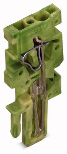 Ein grüner, rechteckiger Kunststoffstecker mit Metallverbindungen, wahrscheinlich ein elektrisches Bauteil zur Kabelverbindung.