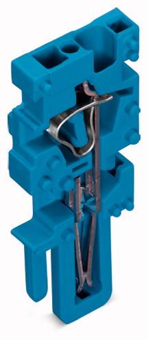 Blaues, komplexes Bauteil mit mehreren Ebenen und Metallstiften, möglicherweise Teil einer größeren technischen Struktur.